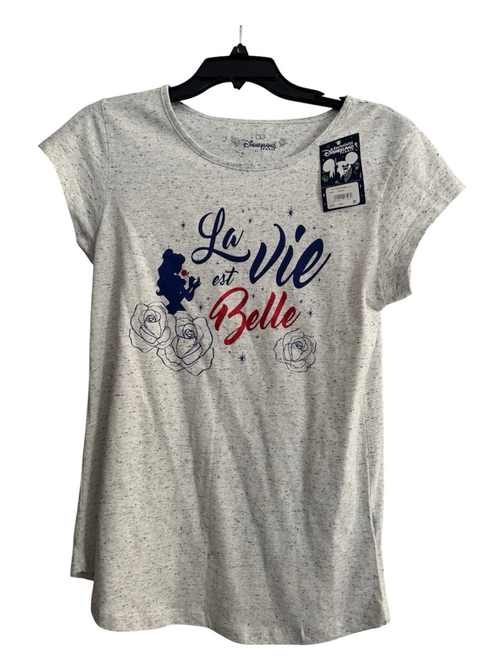 NWT Disney Gray  Heather 'La Vie est Belle' Graphic Tee with Navy and Red Accent